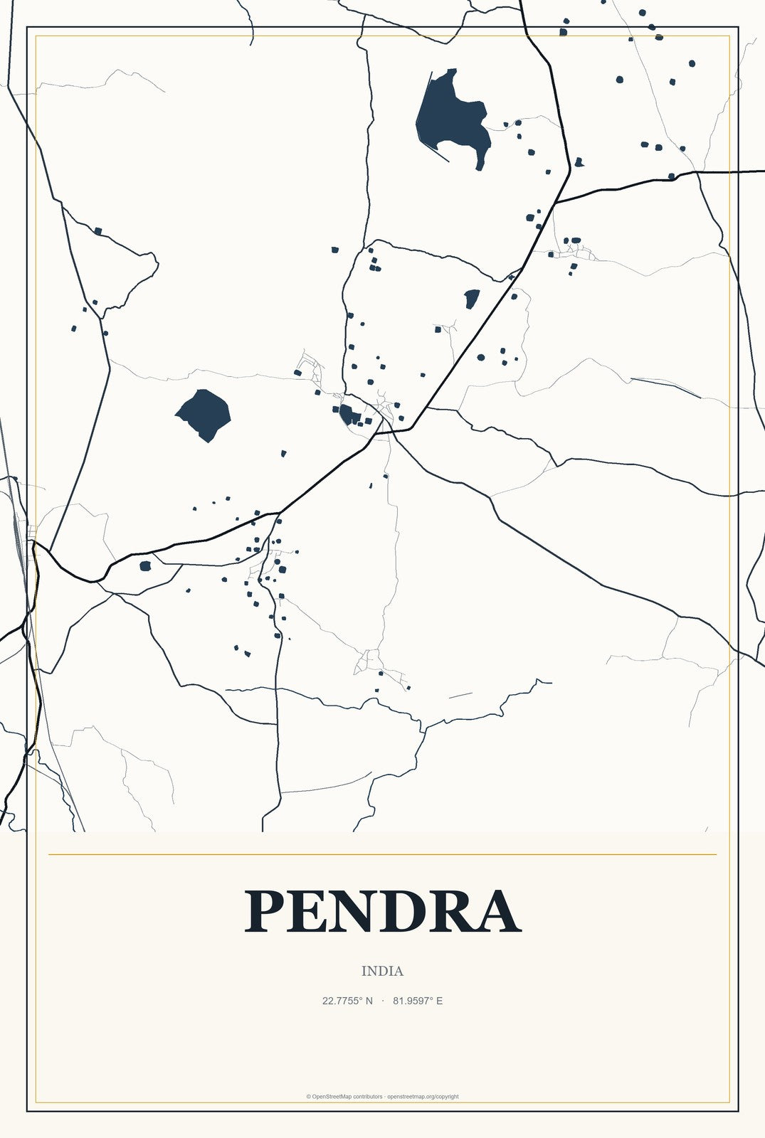 Pendra, India City Map Aluminum Sign in Citrine Modern style