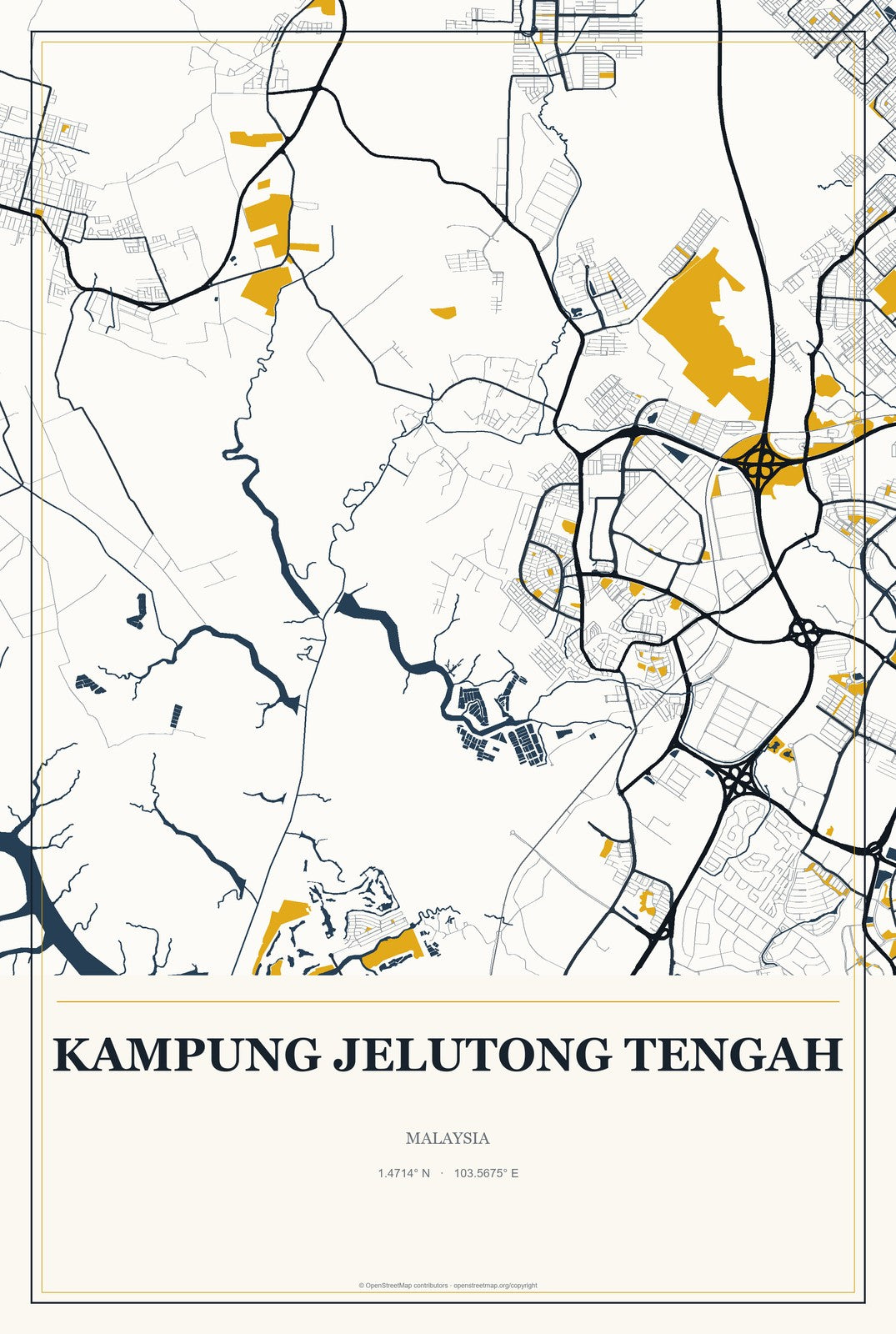 Kampung Jelutong Tengah, Malaysia City Map Aluminum Sign in Citrine Modern style