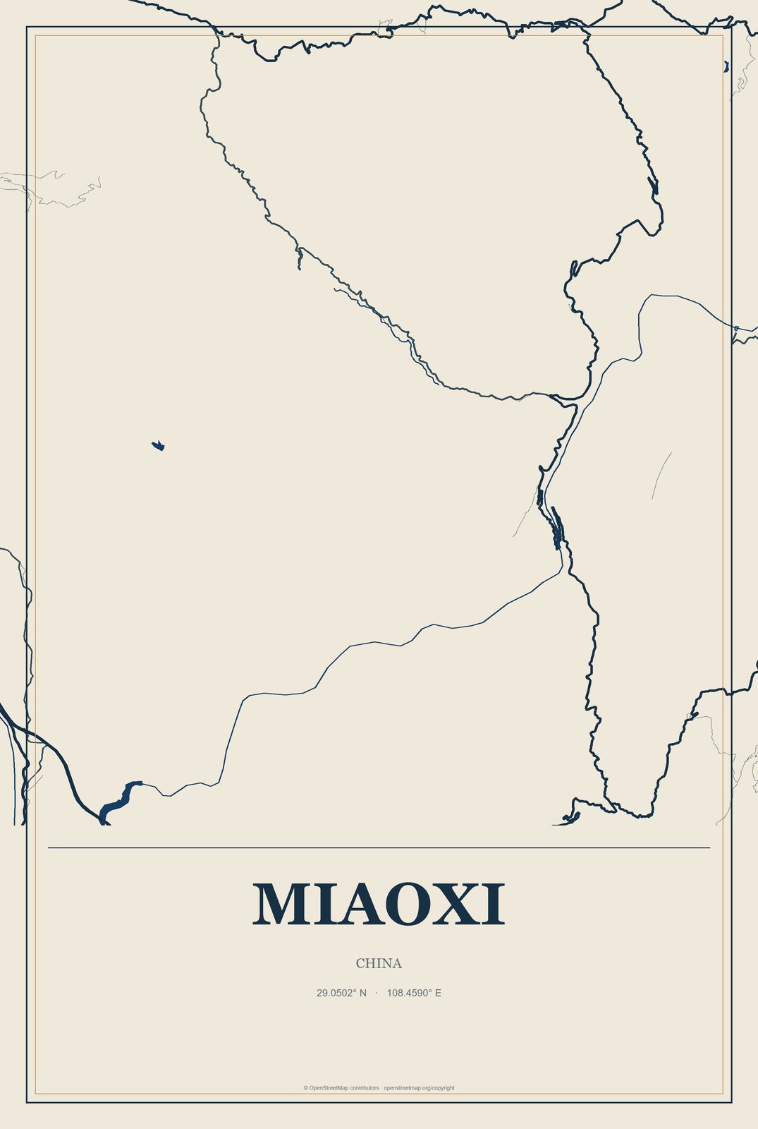 Miaoxi, China City Map Aluminum Sign in Coastal Cutout style