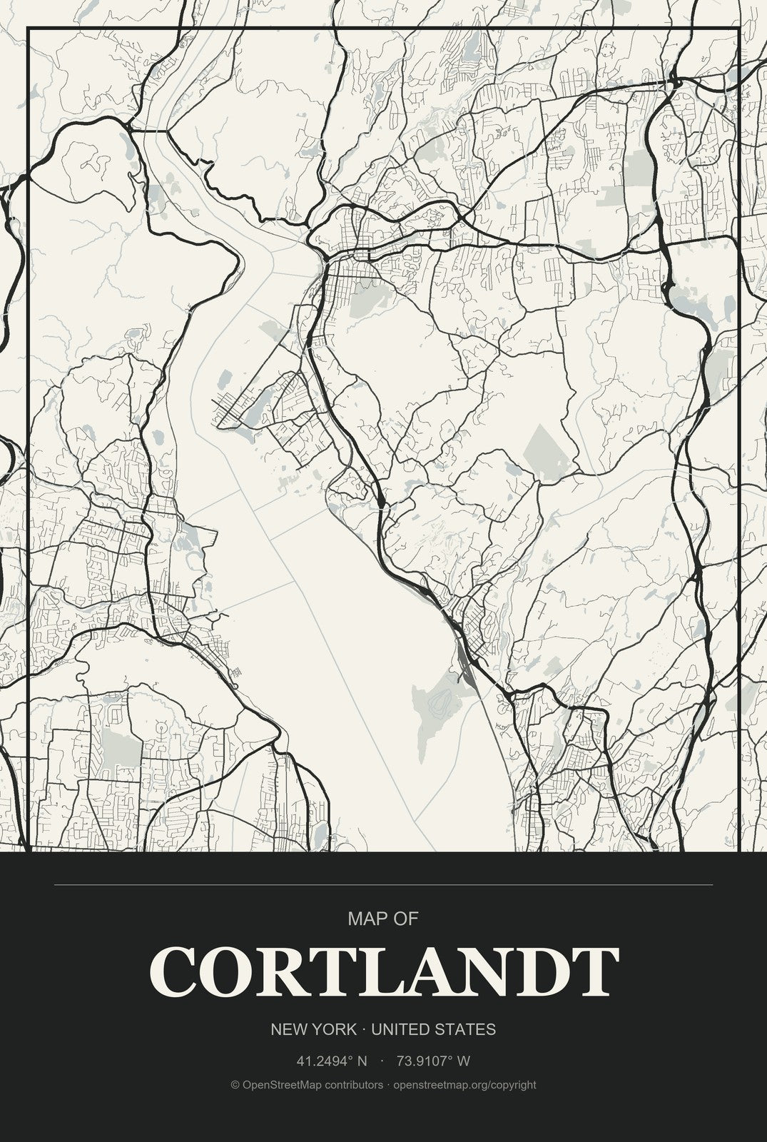 Cortlandt, New York City Map Aluminum Sign in Museum Plaque style