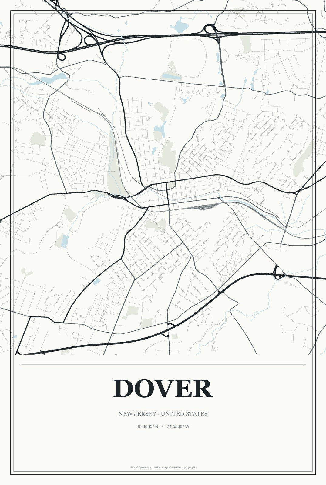 Dover, New Jersey City Map Aluminum Sign in Gallery Air style