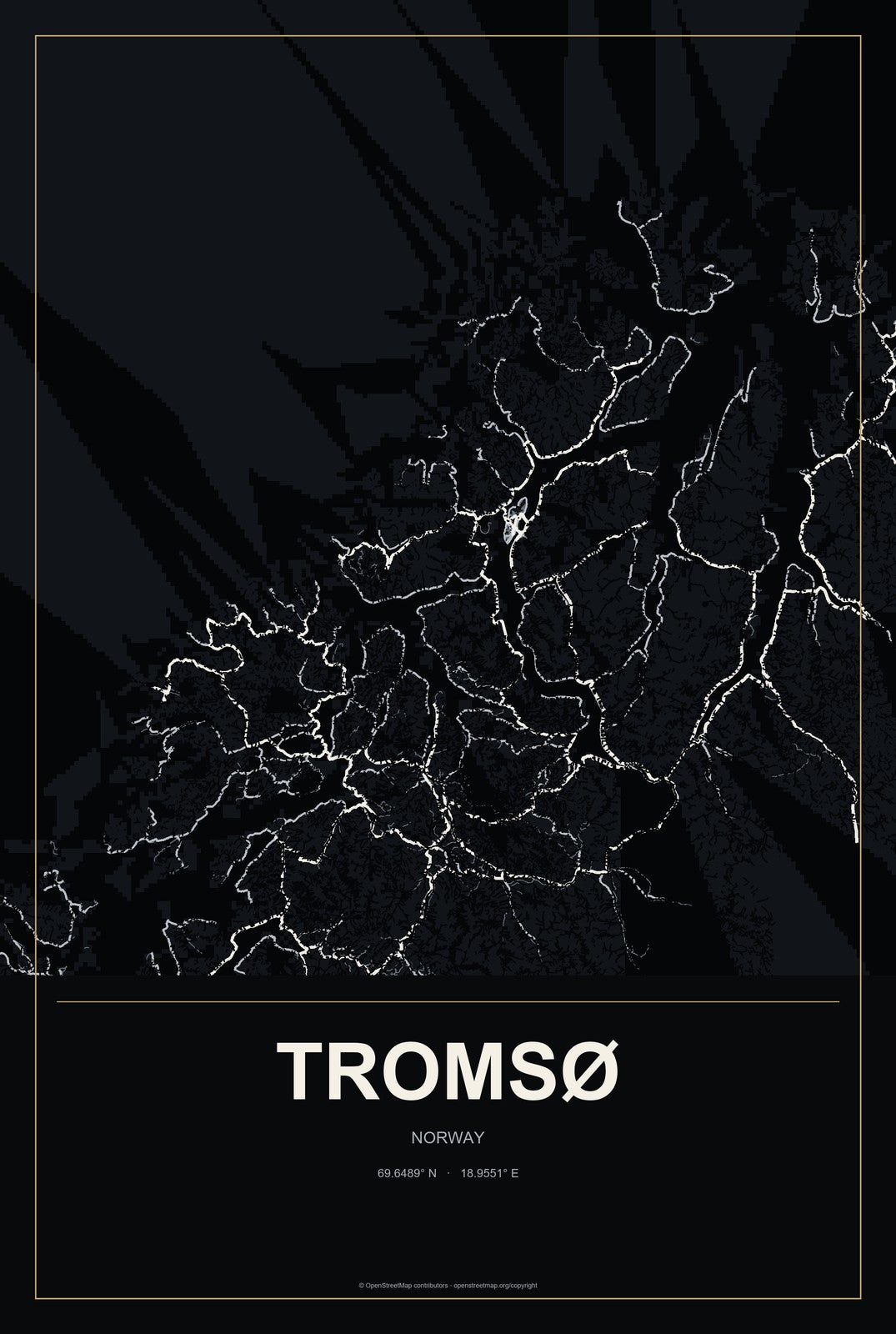 Tromsø, Norway City Map Aluminum Sign in Metropolitan Noir style