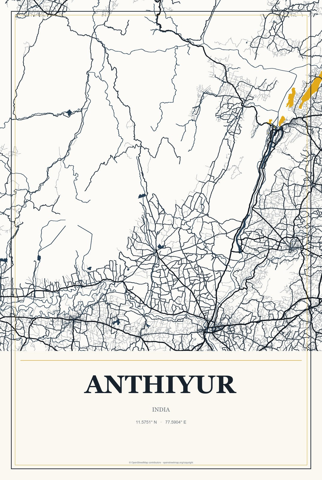 Anthiyur, India City Map Aluminum Sign in Citrine Modern style