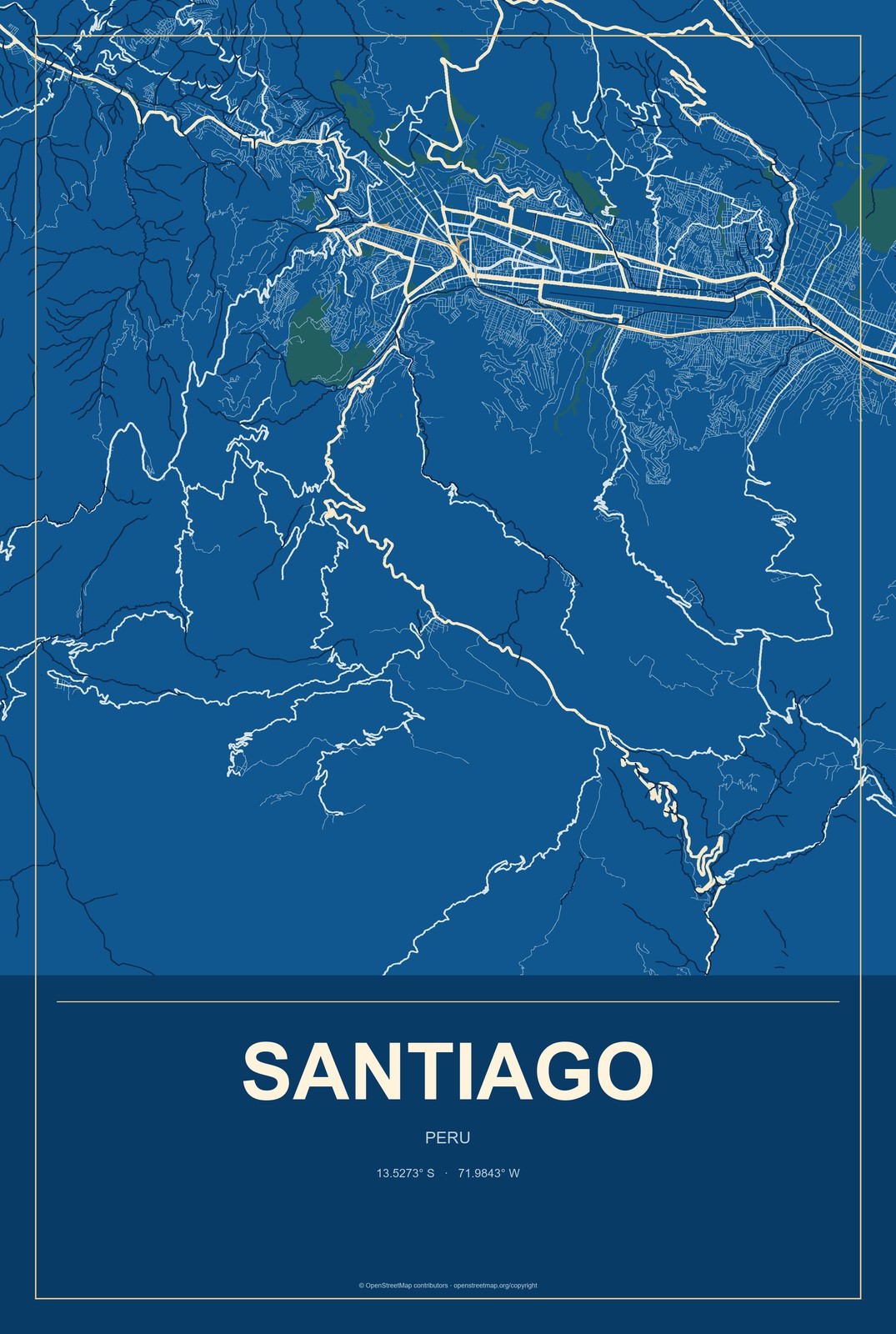 Santiago, Ica, Peru City Map Aluminum Sign in Harbor Cobalt style