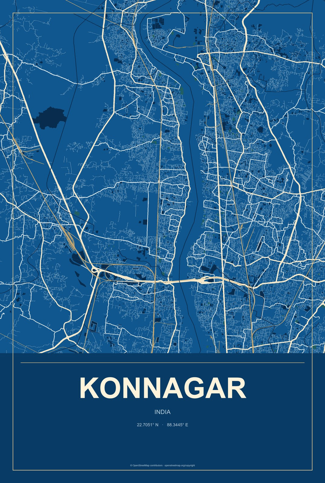 Konnagar, India City Map Aluminum Sign in Harbor Cobalt style