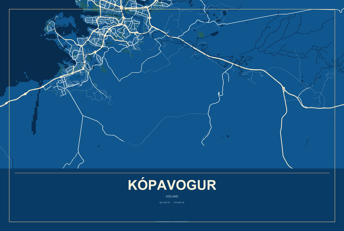 Kópavogur, Iceland City Map Aluminum Sign in Harbor Cobalt style