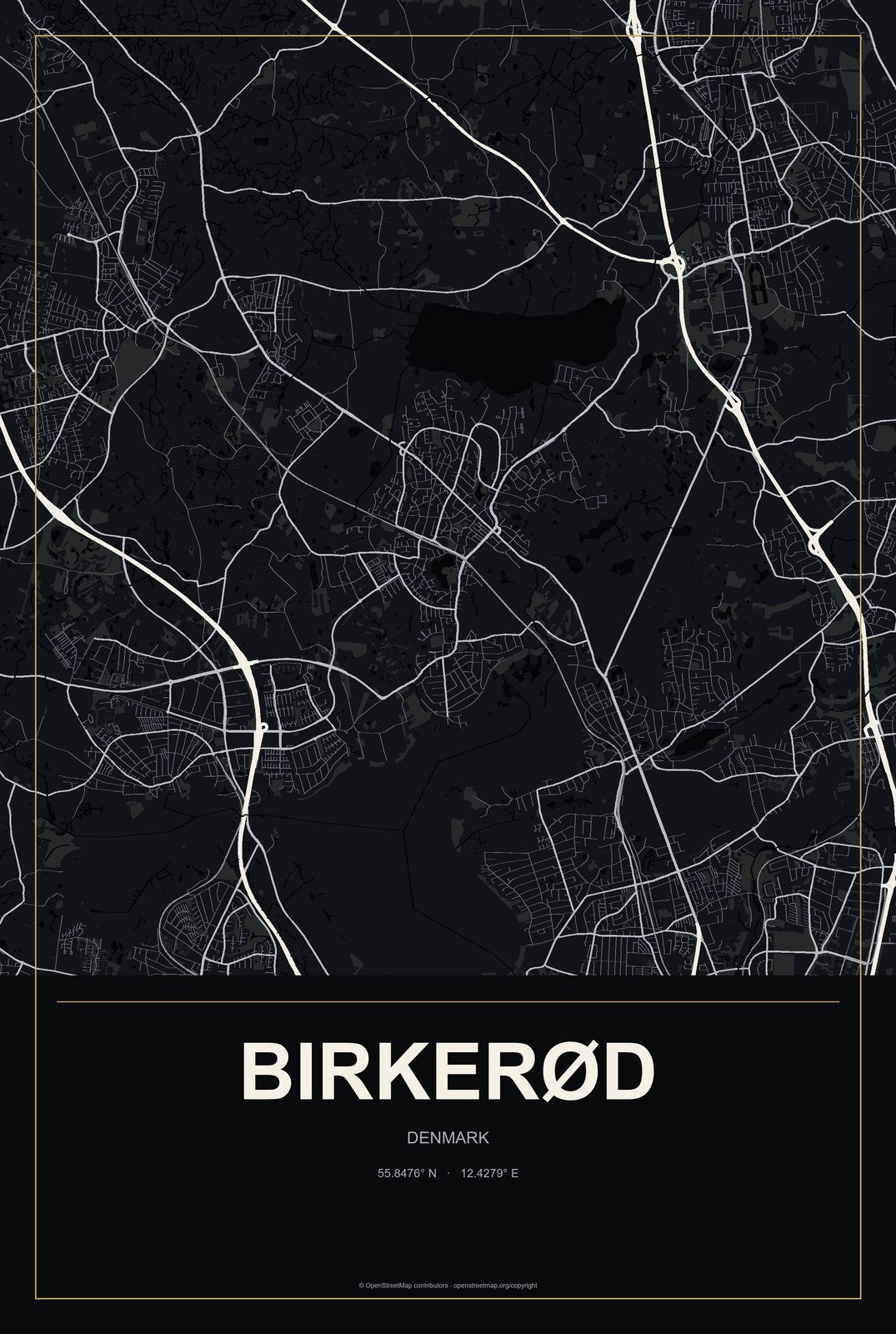 Birkerød, Denmark City Map Aluminum Sign in Metropolitan Noir style