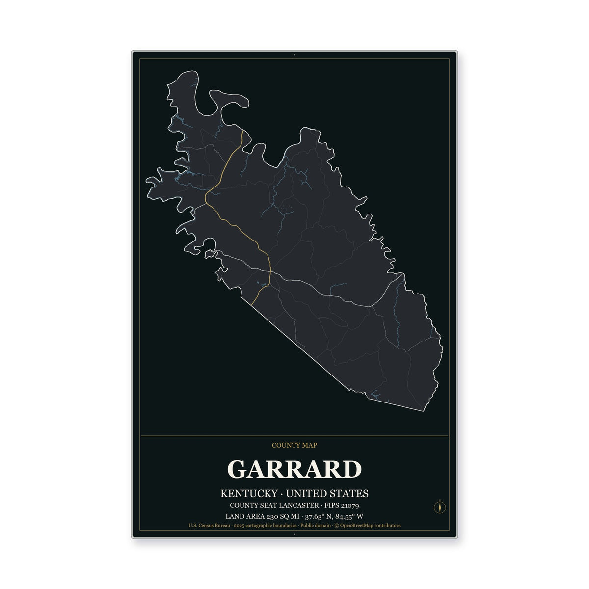 Garrard County, Kentucky Map Aluminum Sign in Metropolitan Noir style