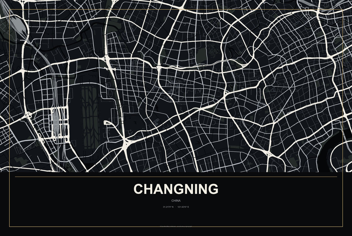 Changning, Sichuan, China City Map Aluminum Sign in Metropolitan Noir style