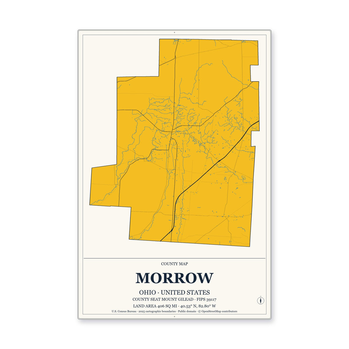 Morrow County, Ohio Map Aluminum Sign in Citrine Modern style