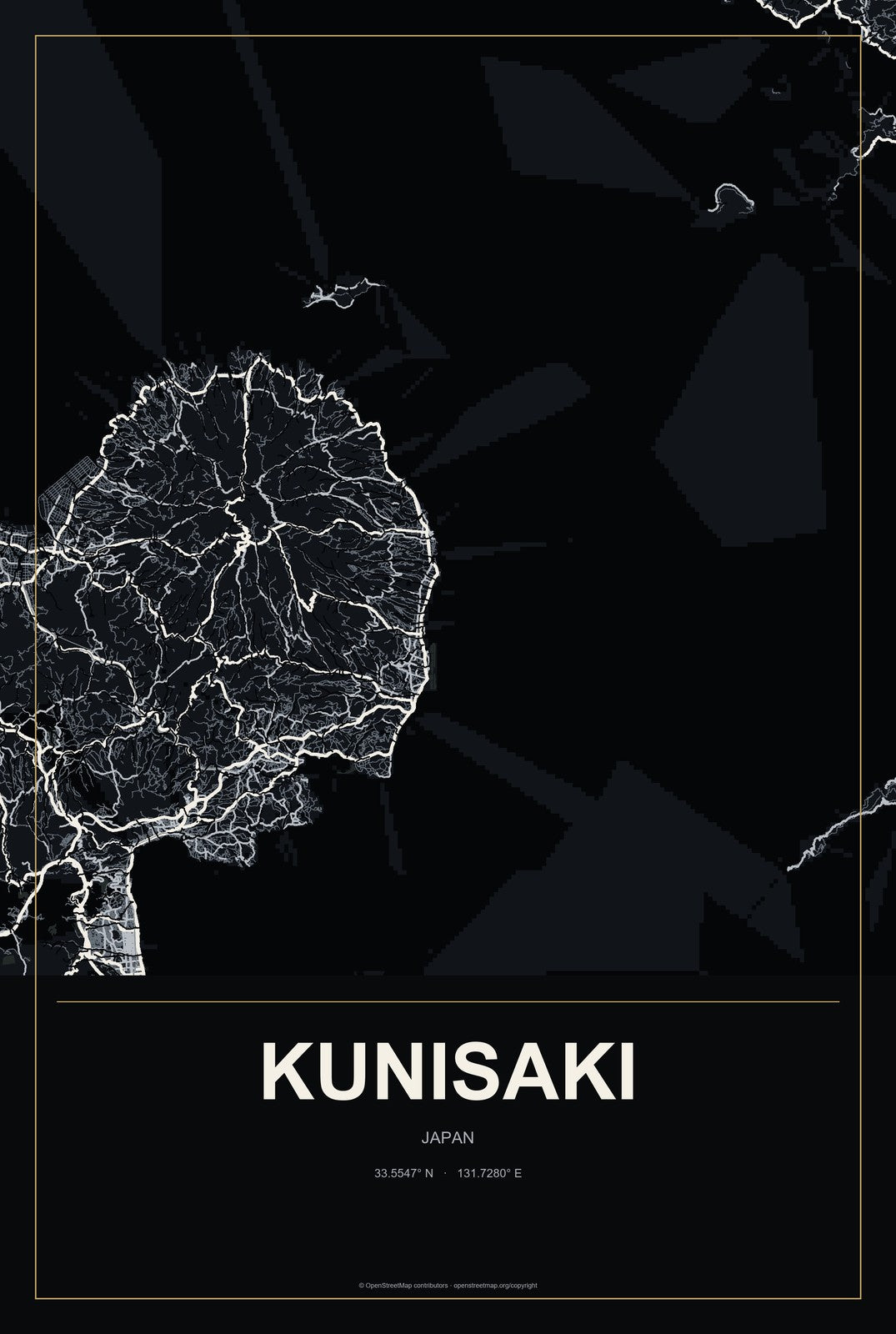 Kunisaki, Japan City Map Aluminum Sign in Metropolitan Noir style