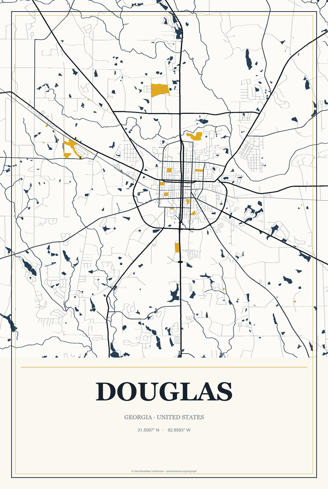 Douglas, Georgia City Map Aluminum Sign in Citrine Modern style