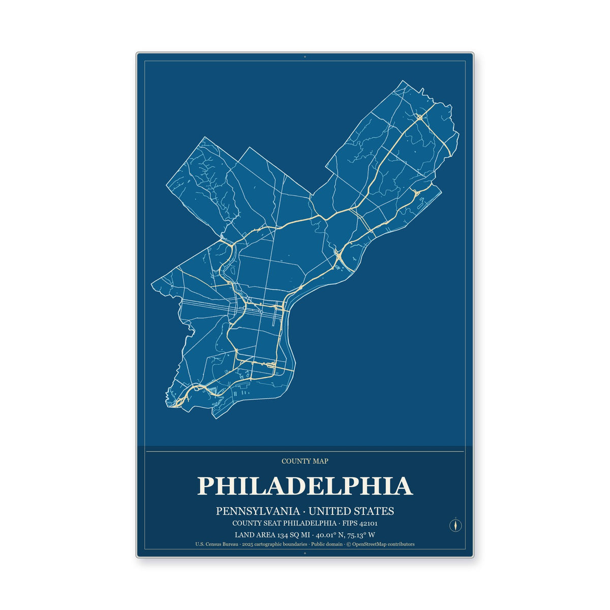 Philadelphia County, Pennsylvania Map Aluminum Sign in Harbor Cobalt style