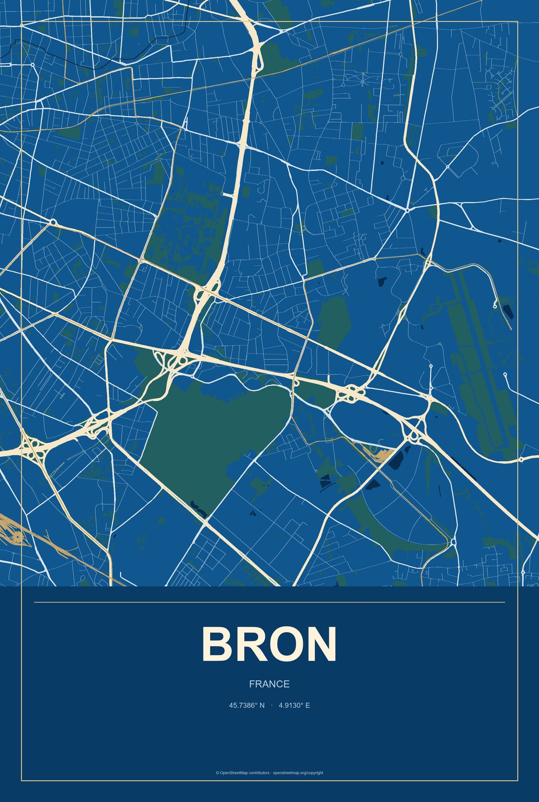 Bron, France City Map Aluminum Sign in Harbor Cobalt style