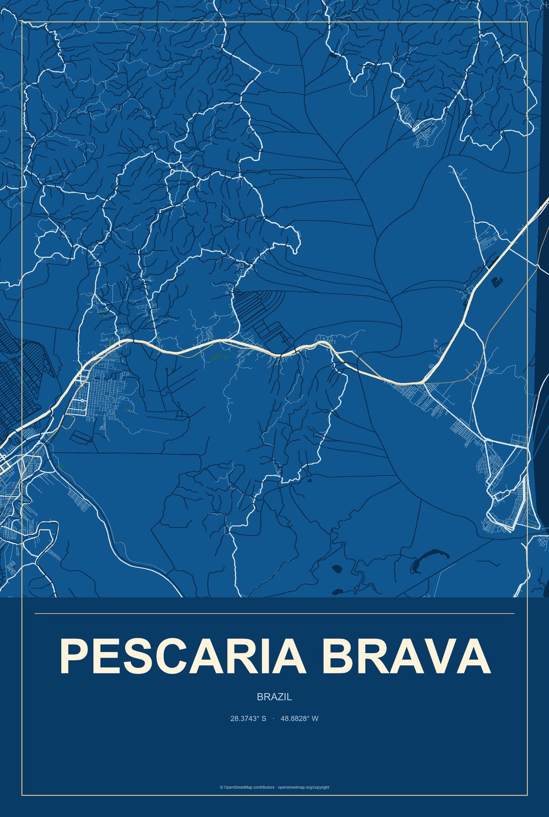 Pescaria Brava, Brazil City Map Aluminum Sign in Harbor Cobalt style