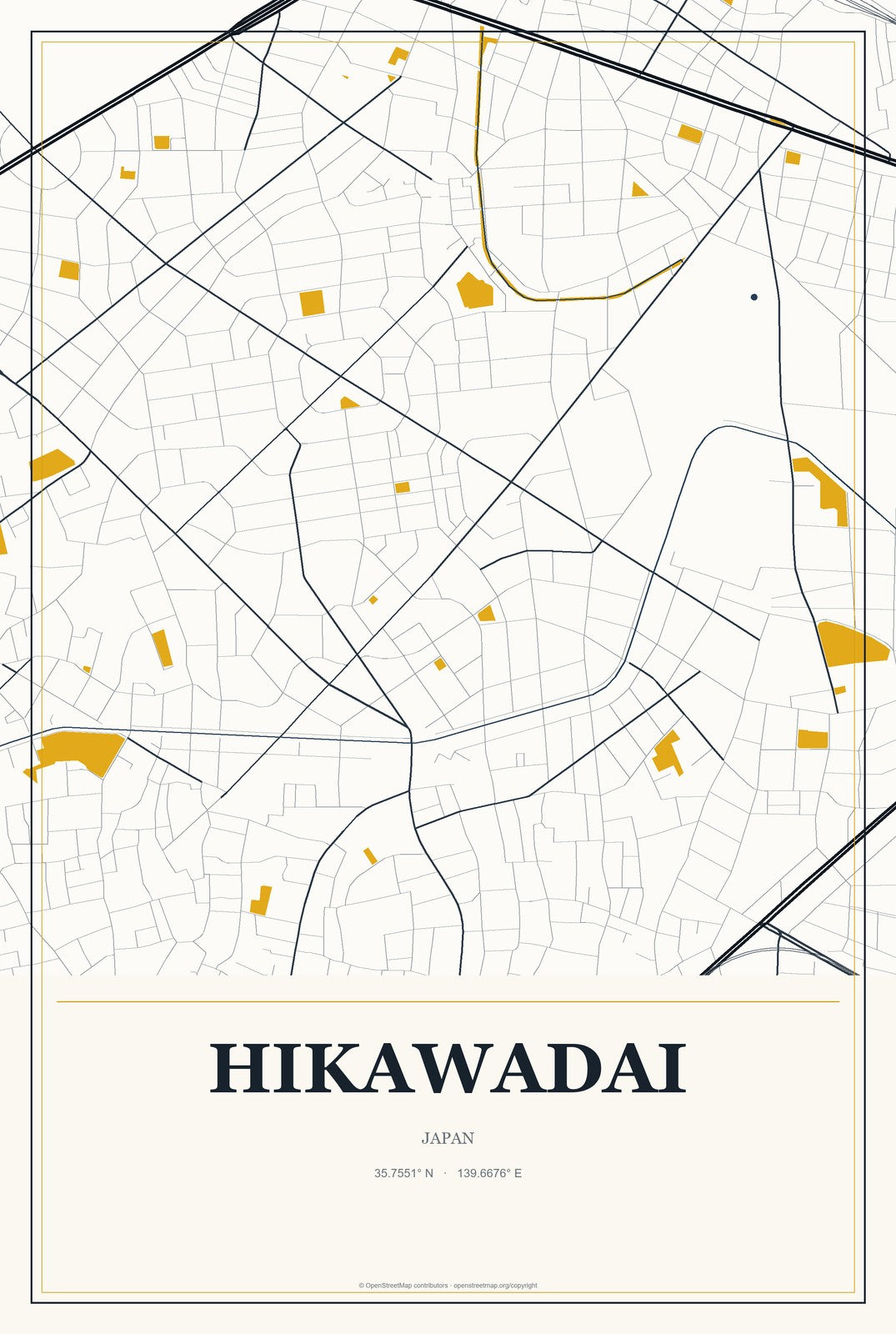 Hikawadai, Japan City Map Aluminum Sign in Citrine Modern style