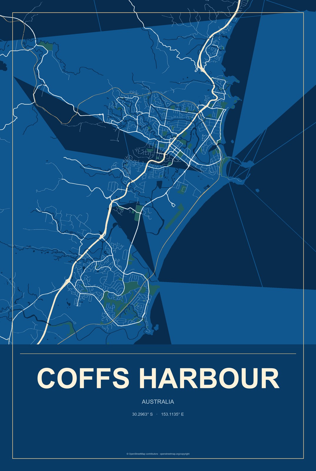 Coffs Harbour, Australia City Map Aluminum Sign in Harbor Cobalt style