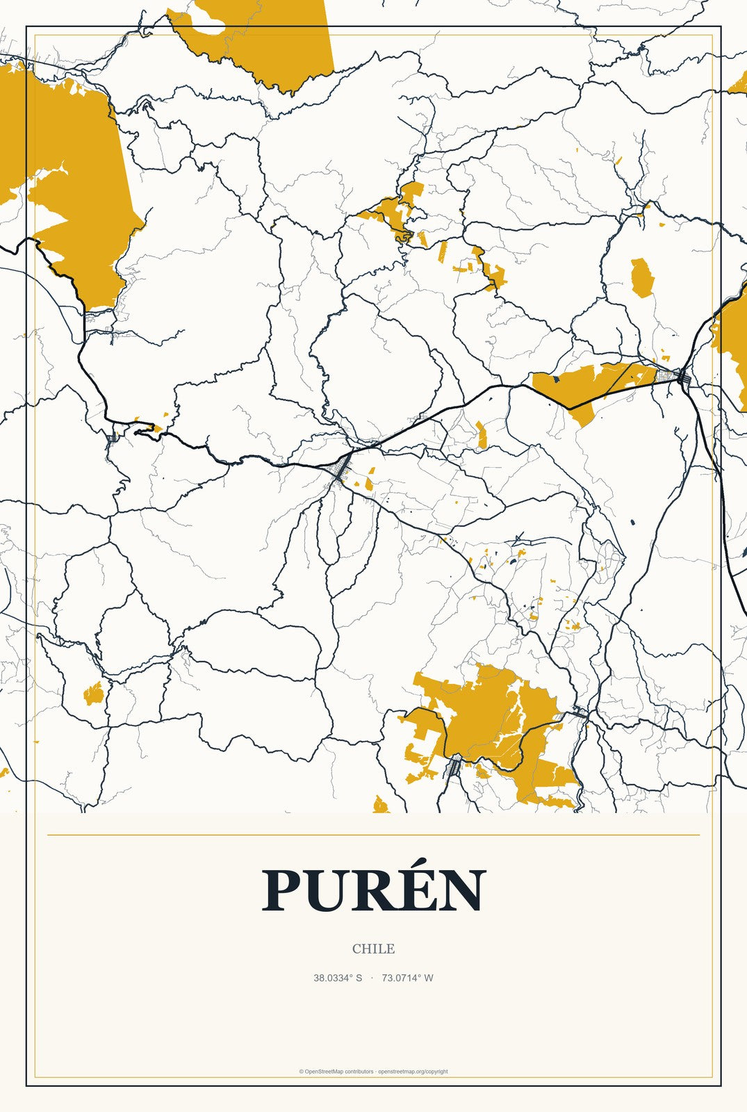 Purén, Chile City Map Aluminum Sign in Citrine Modern style