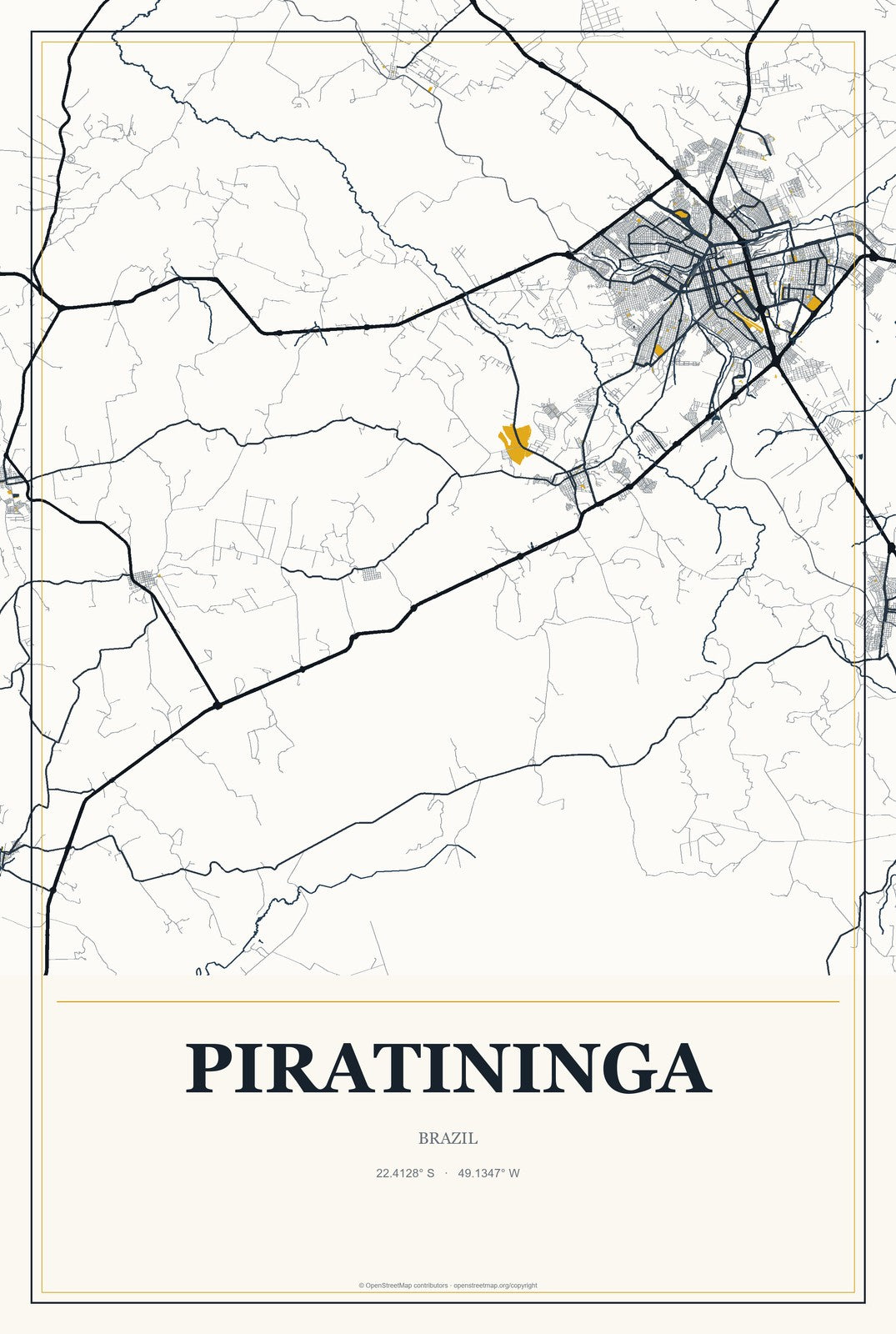 Piratininga, Brazil City Map Aluminum Sign in Citrine Modern style