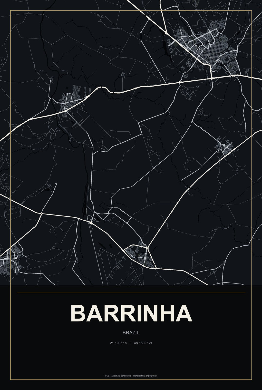 Barrinha, Brazil City Map Aluminum Sign in Metropolitan Noir style