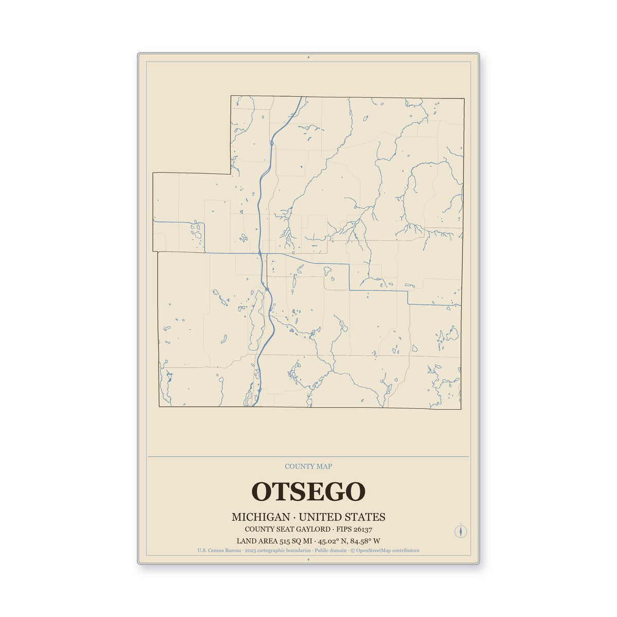 Otsego County, Michigan Map Aluminum Sign in Heritage Nautical style