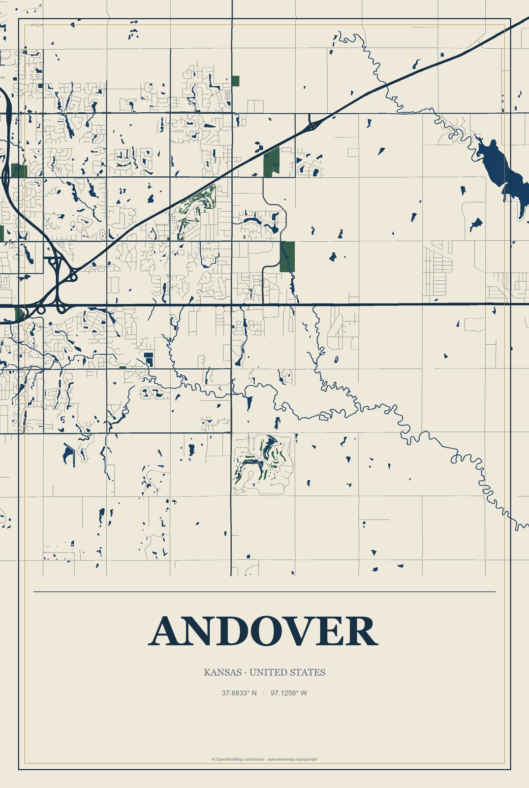 Andover, Kansas City Map Aluminum Sign in Coastal Cutout style