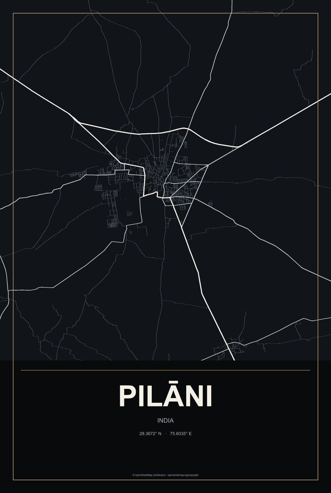 Pilāni, India City Map Aluminum Sign in Metropolitan Noir style