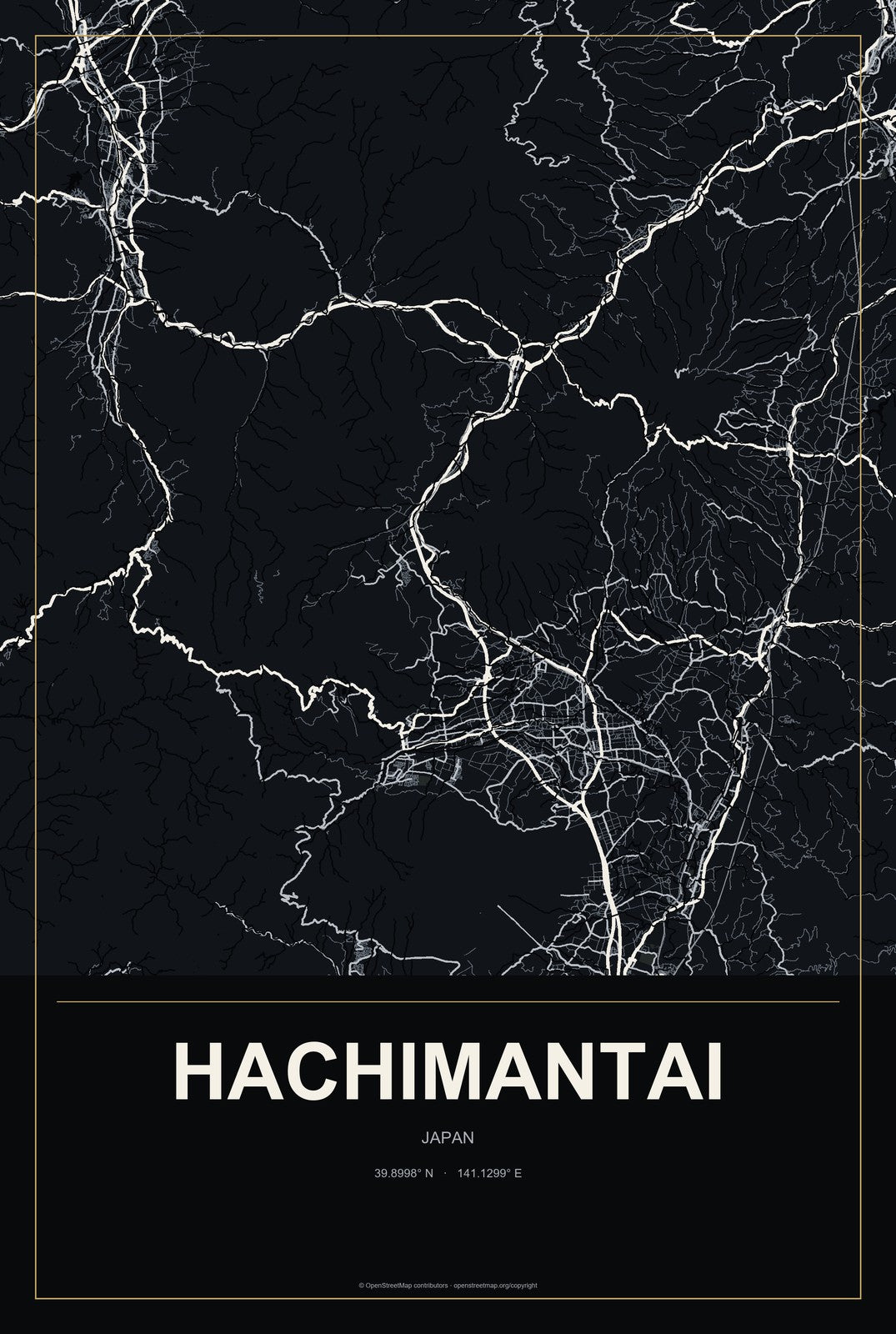 Hachimantai, Japan City Map Aluminum Sign in Metropolitan Noir style