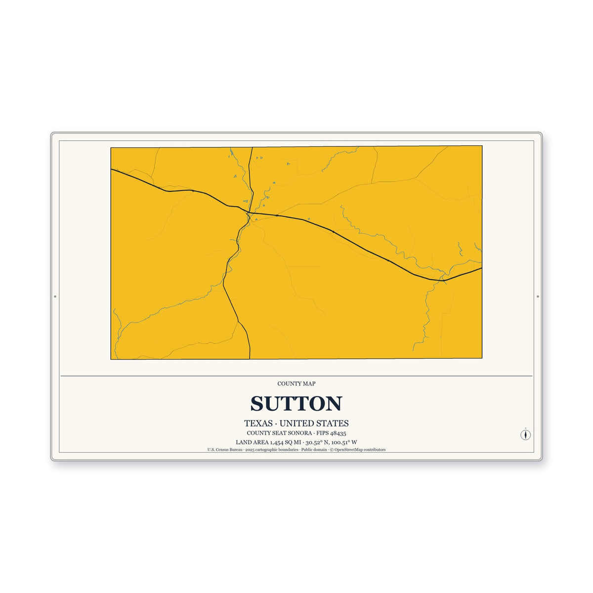 Sutton County, Texas Map Aluminum Sign in Citrine Modern style