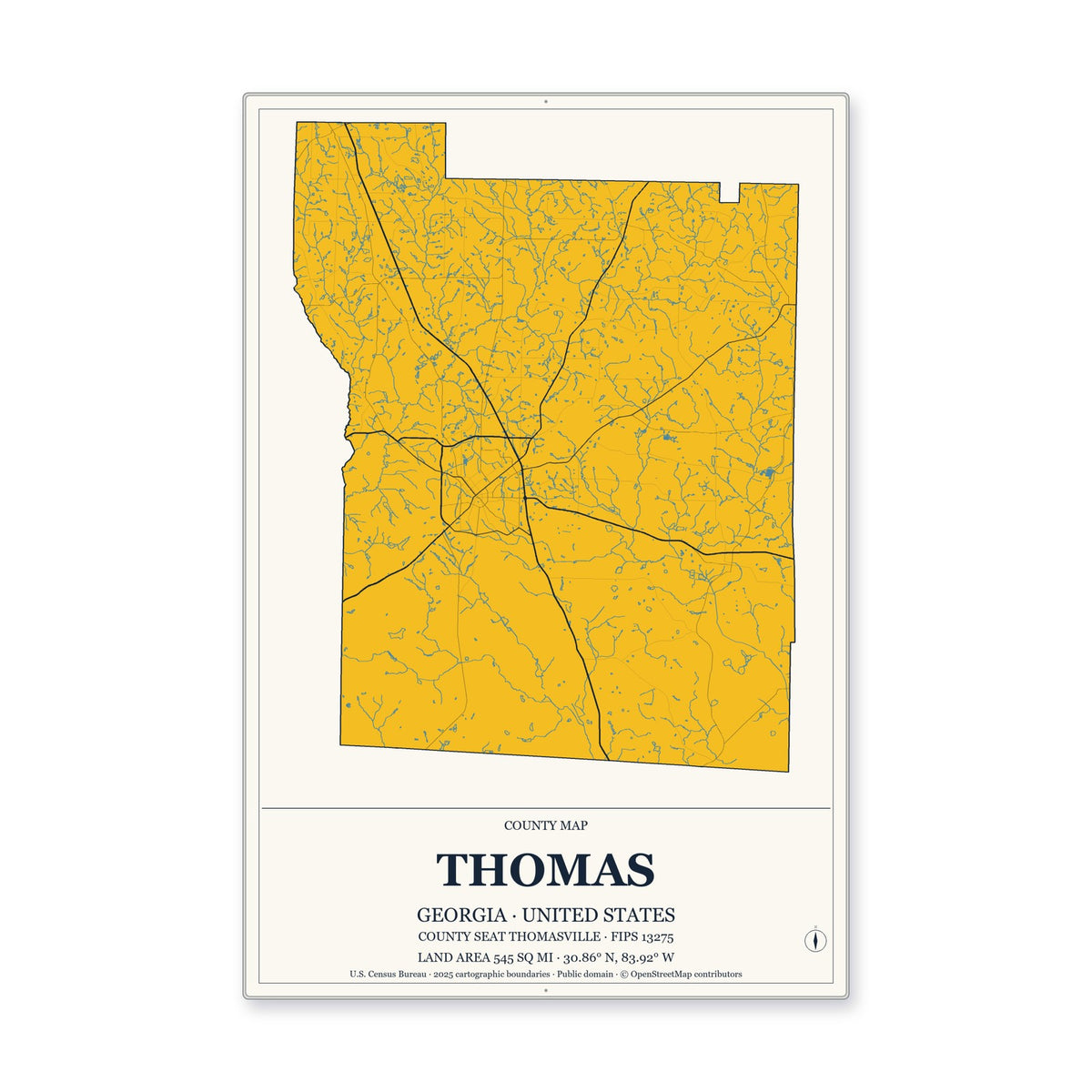 Thomas County, Georgia Map Aluminum Sign in Citrine Modern style