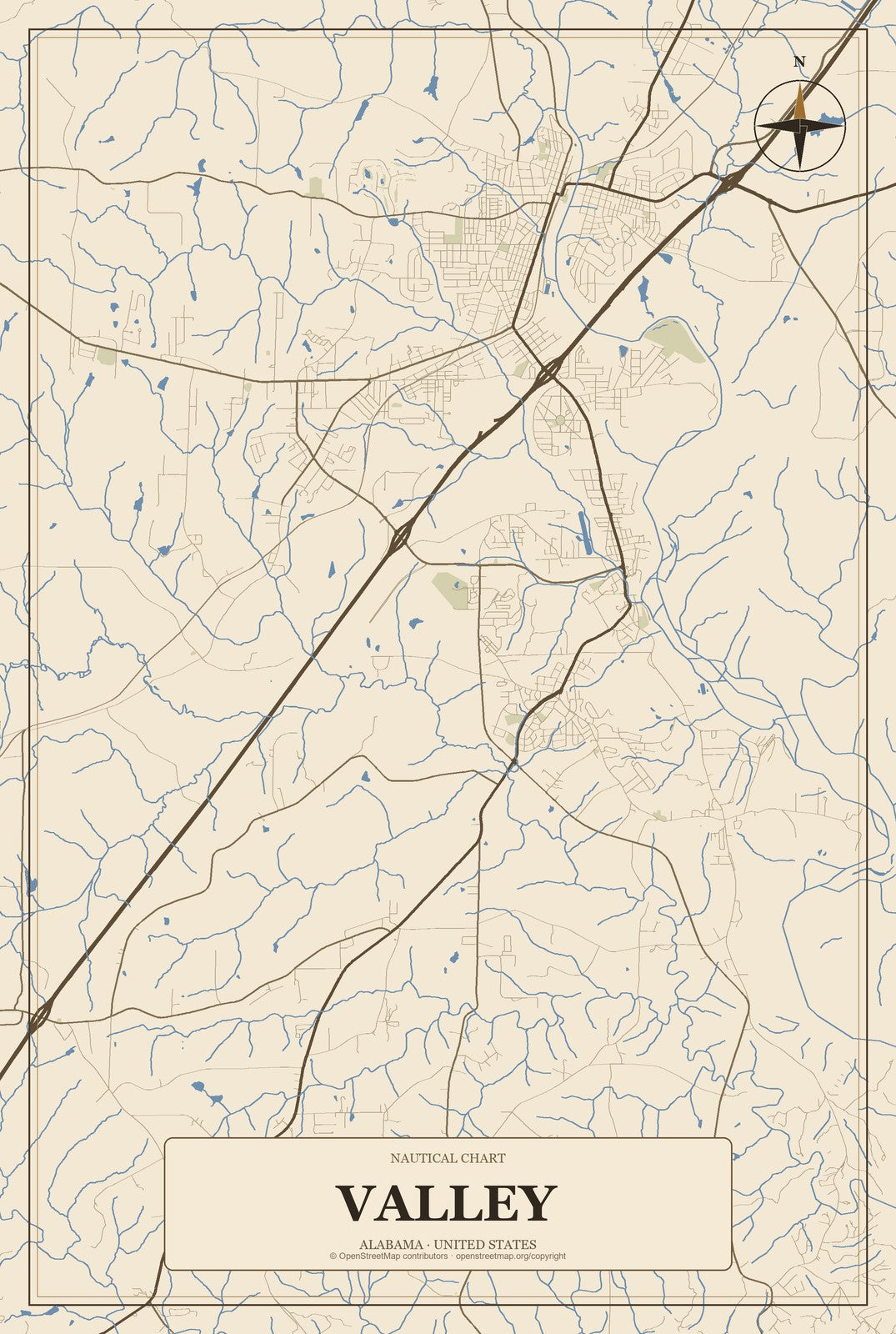 Valley, Alabama City Map Aluminum Sign in Heritage Nautical style