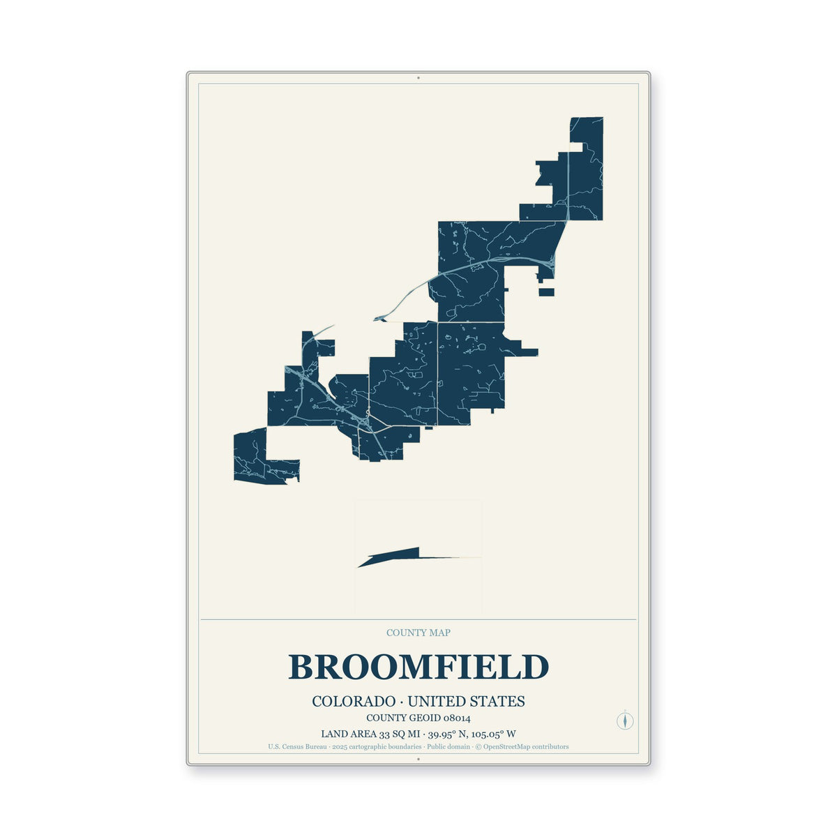 Broomfield County, Colorado Map Aluminum Sign in Coastal Cutout style