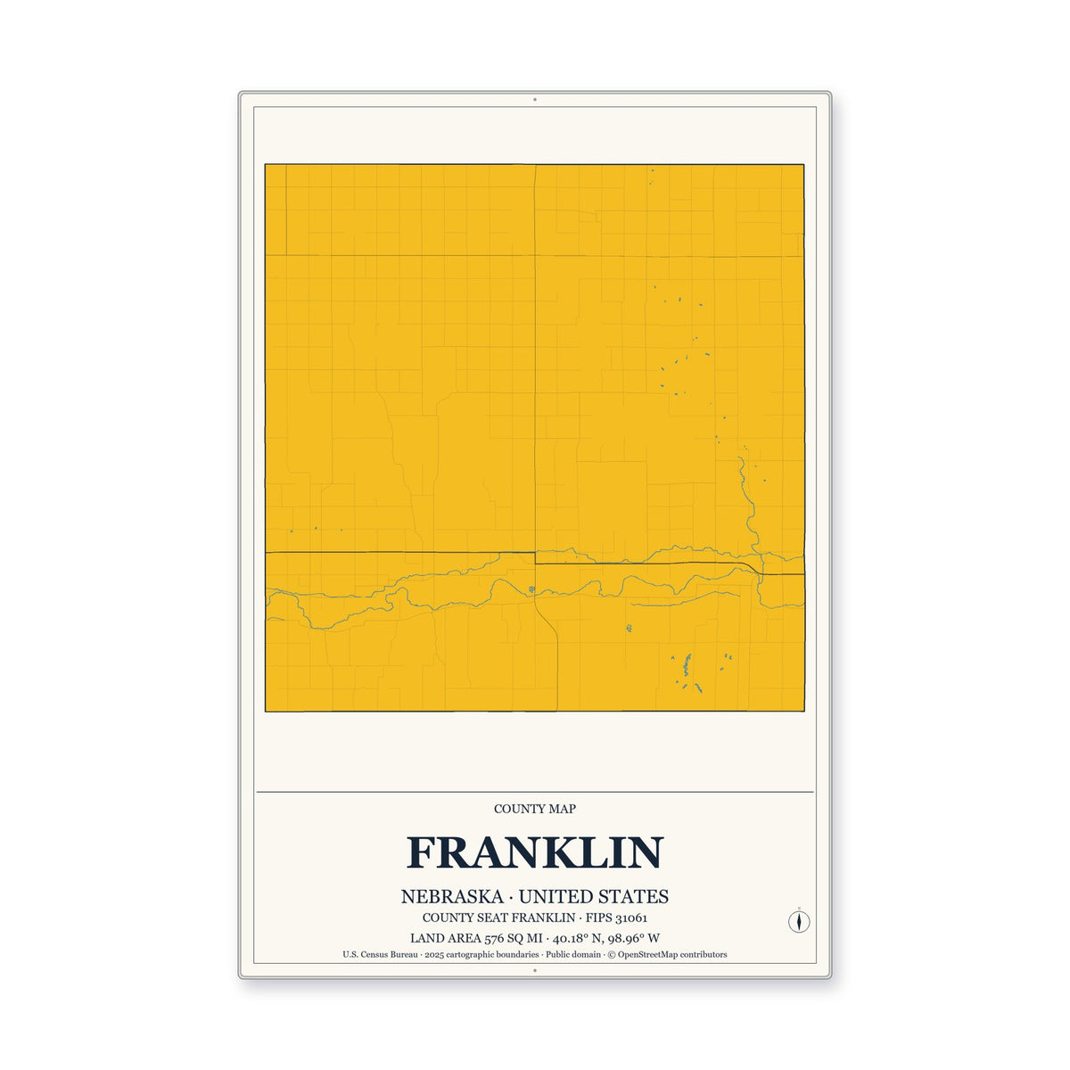 Franklin County, Nebraska Map Aluminum Sign in Citrine Modern style