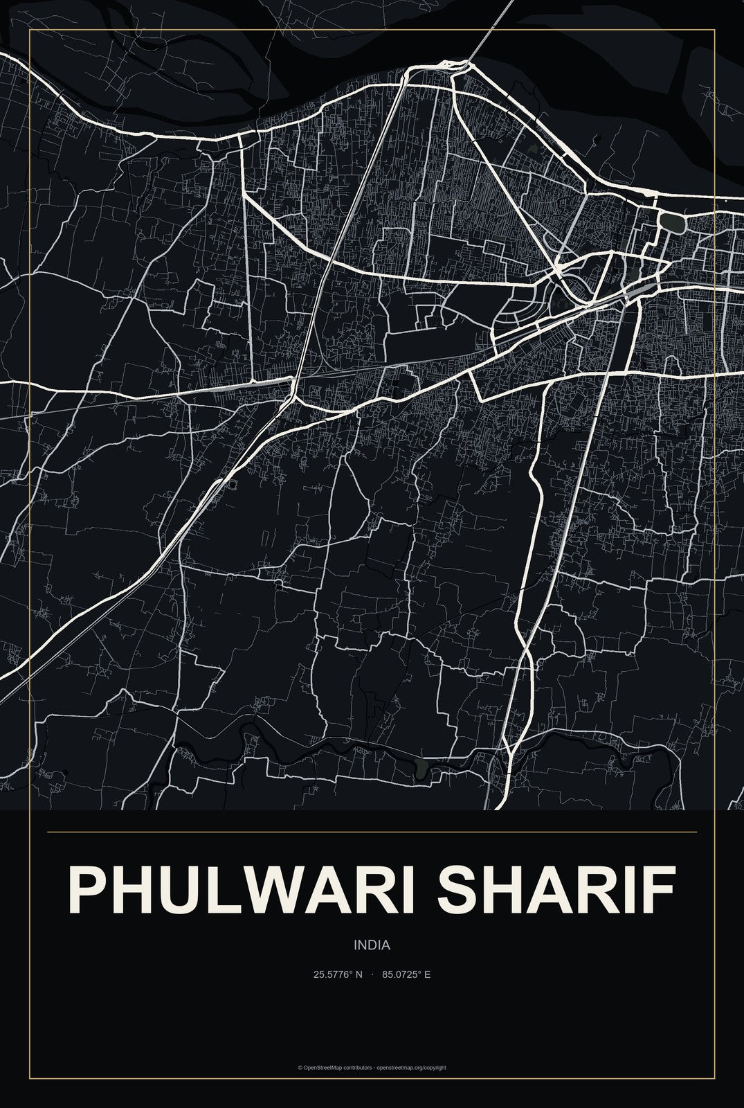 Phulwari Sharif, India City Map Aluminum Sign in Metropolitan Noir style