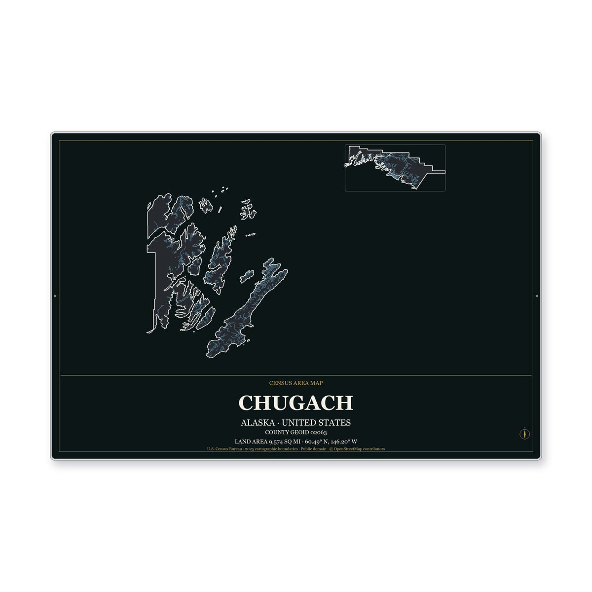 Chugach Census Area, Alaska Map Aluminum Sign in Metropolitan Noir style