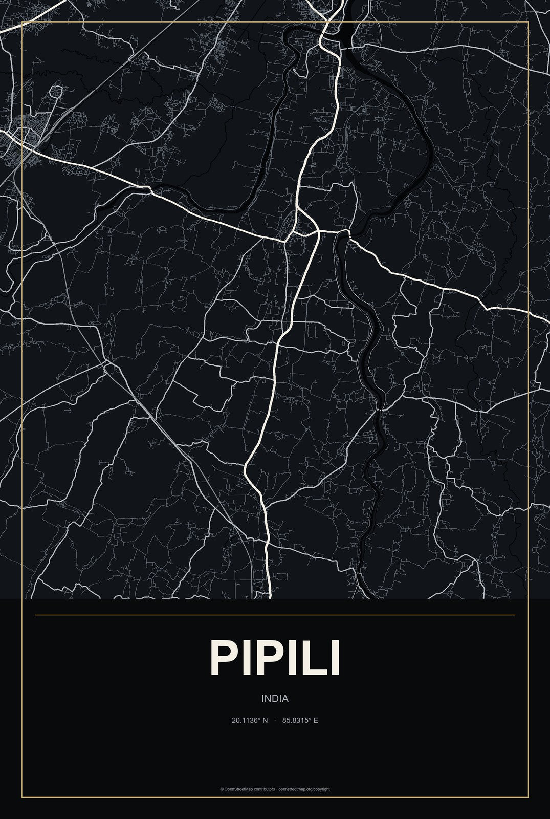 Pipili, India City Map Aluminum Sign in Metropolitan Noir style