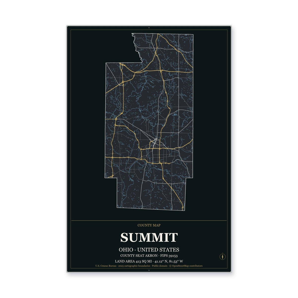 Summit County, Ohio Map Aluminum Sign in Metropolitan Noir style