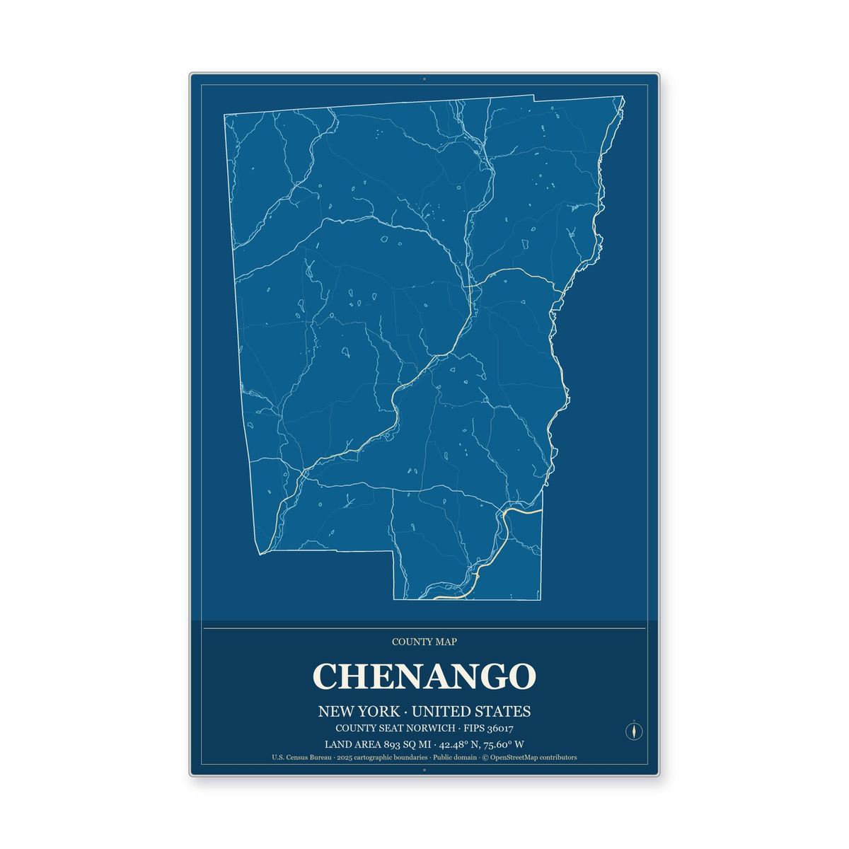 Chenango County, New York Map Aluminum Sign in Harbor Cobalt style
