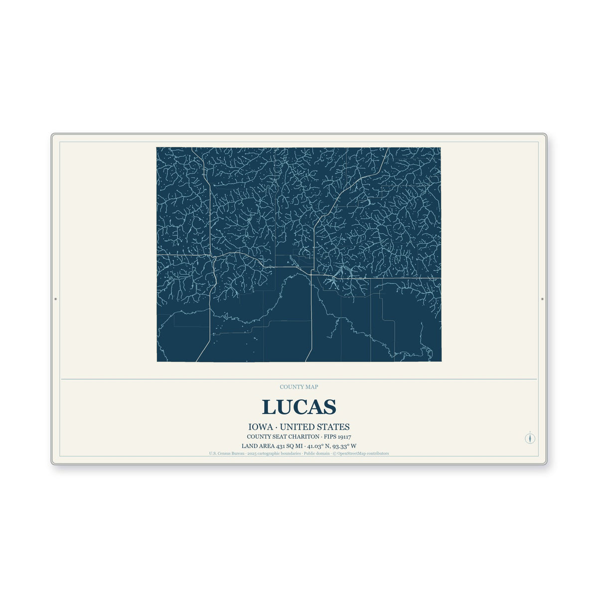 Lucas County, Iowa Map Aluminum Sign in Coastal Cutout style
