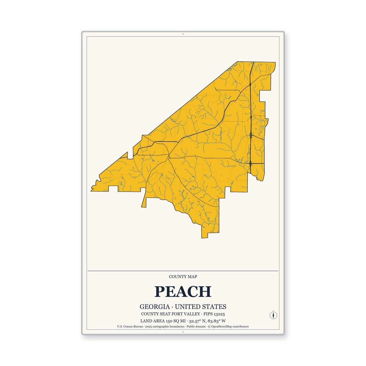Peach County, Georgia Map Aluminum Sign in Citrine Modern style