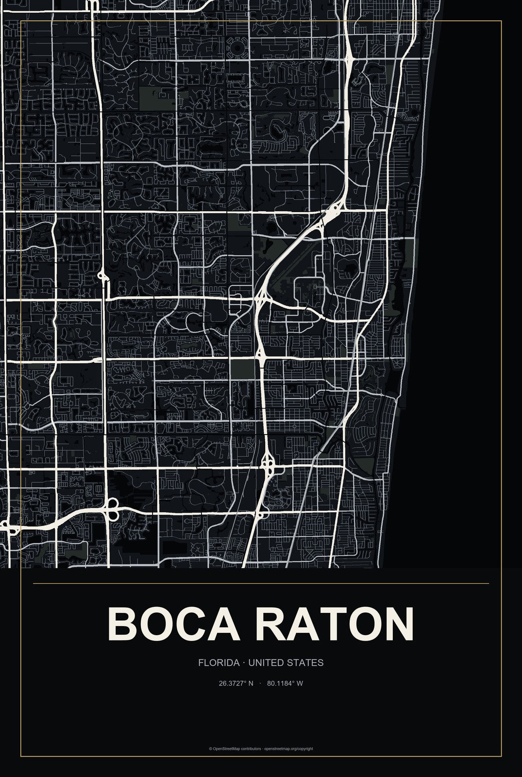 Boca Raton, Florida City Map Aluminum Sign in Metropolitan Noir style