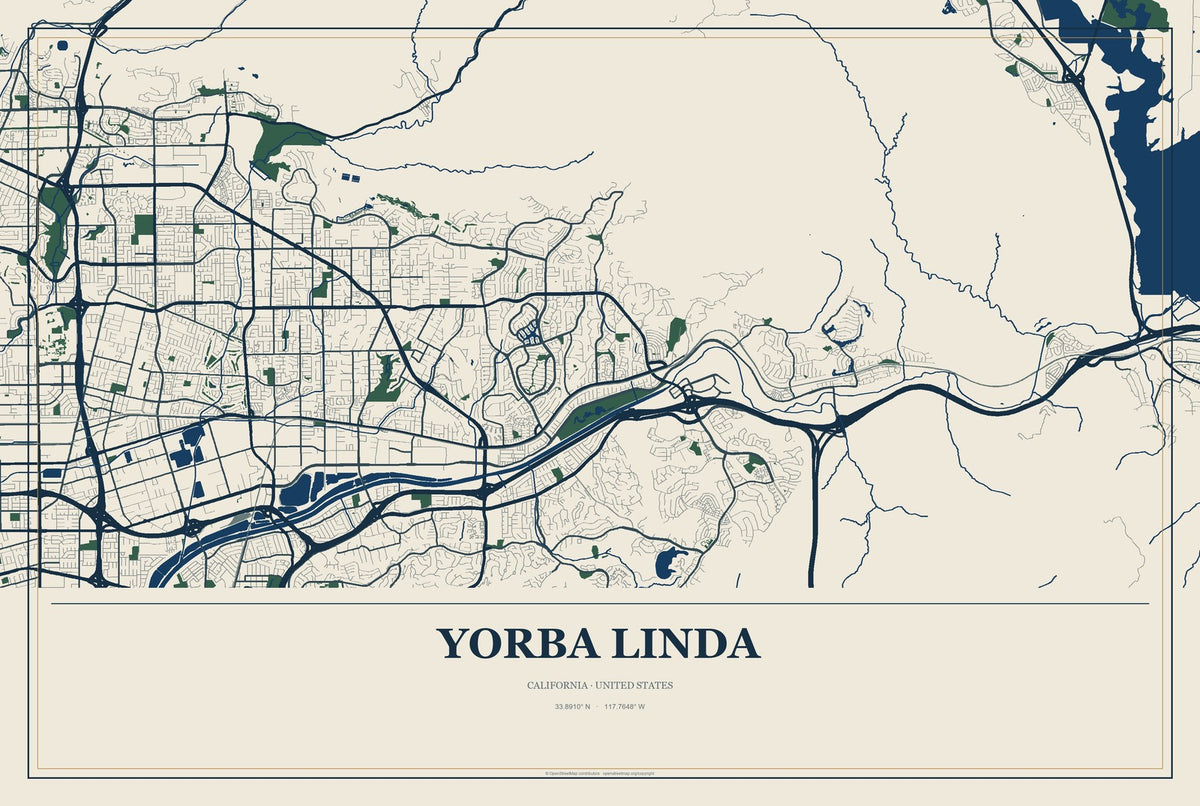 Yorba Linda, California City Map Aluminum Sign in Coastal Cutout style