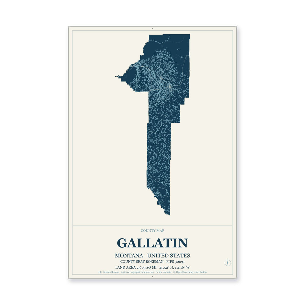 Gallatin County, Montana Map Aluminum Sign in Coastal Cutout style
