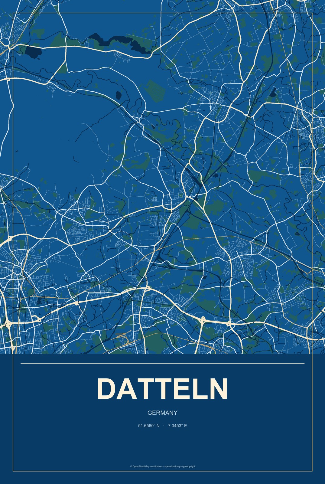 Datteln, Germany City Map Aluminum Sign in Harbor Cobalt style