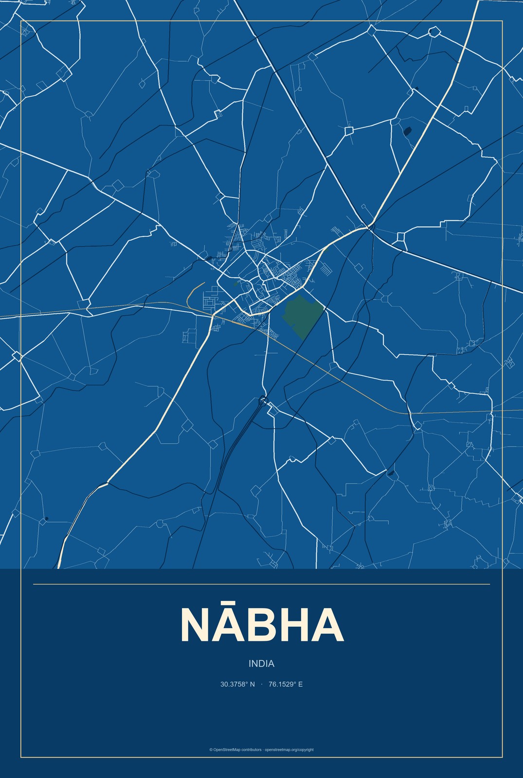 Nābha, India City Map Aluminum Sign in Harbor Cobalt style