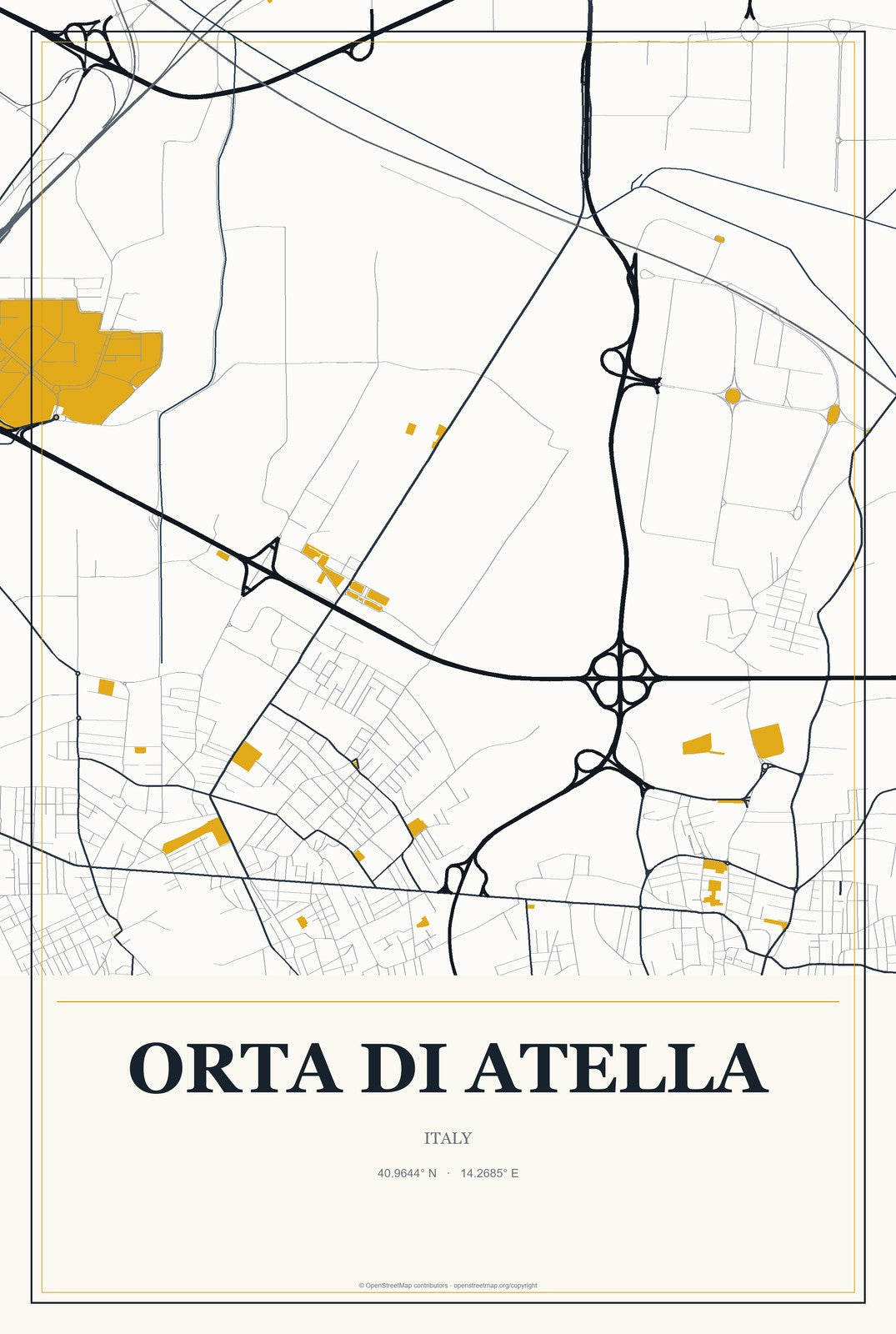Orta di Atella, Italy City Map Aluminum Sign in Citrine Modern style