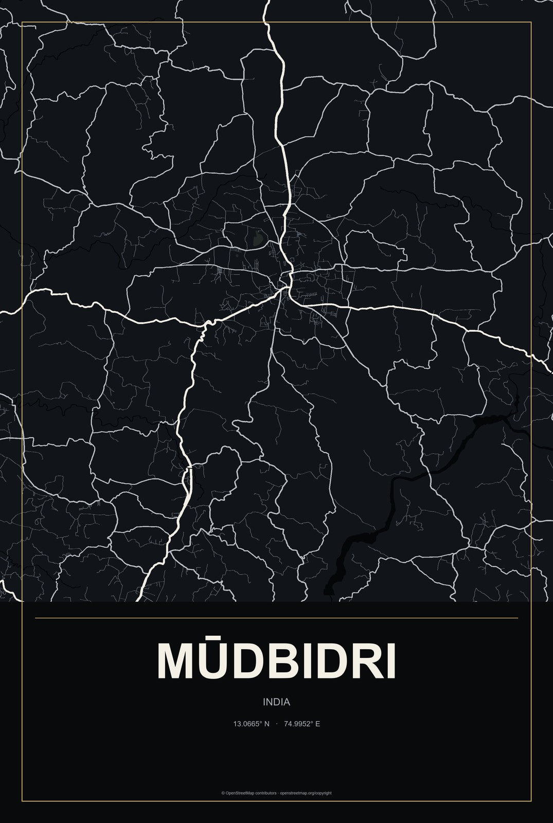 Mūdbidri, India City Map Aluminum Sign in Metropolitan Noir style