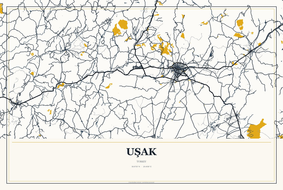 Uşak, Turkey City Map Aluminum Sign in Citrine Modern style