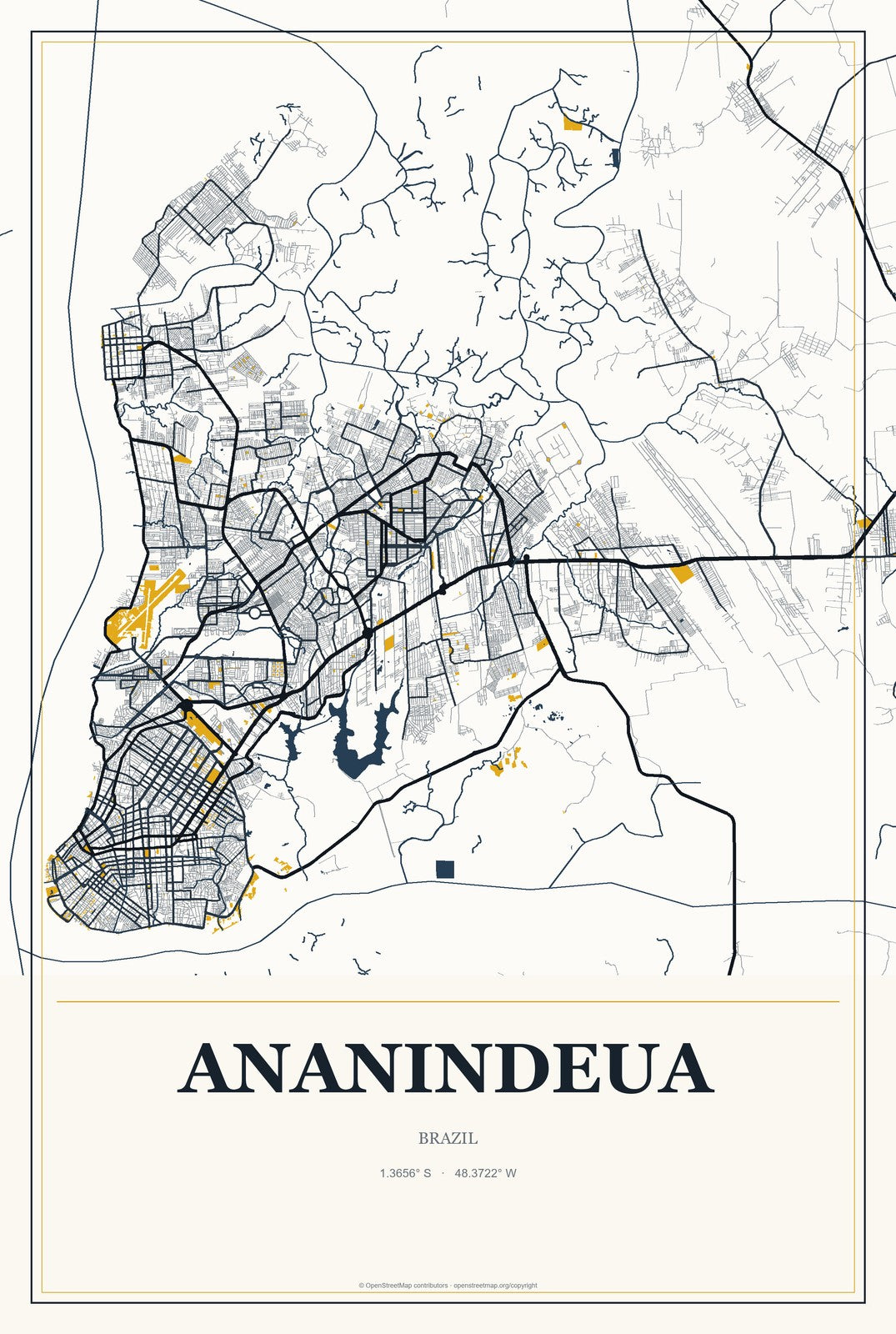 Ananindeua, Brazil City Map Aluminum Sign in Citrine Modern style