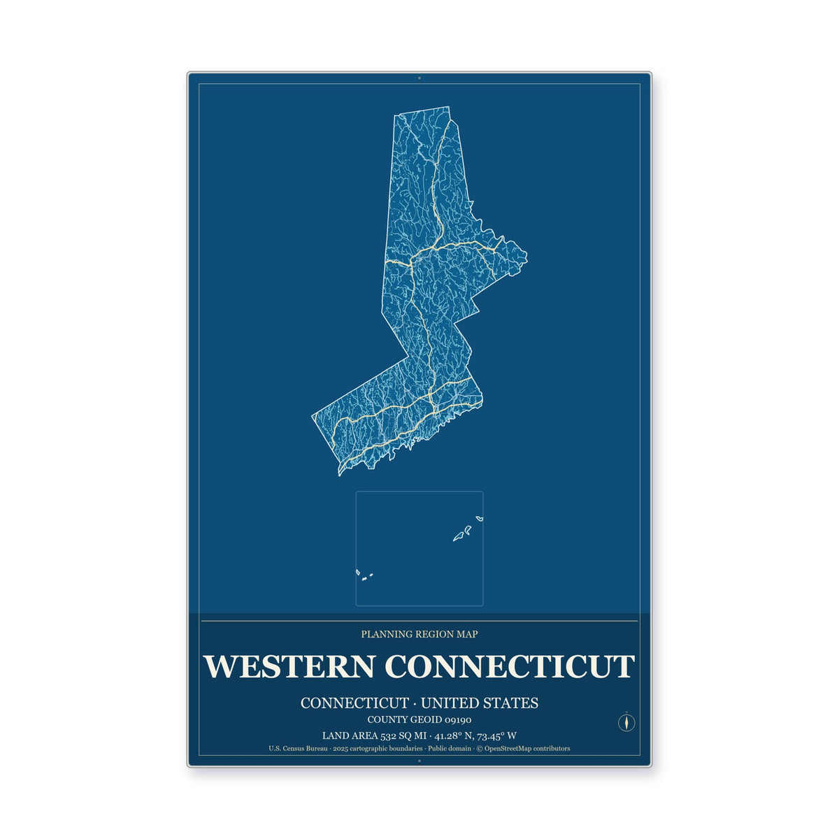 Western Connecticut Planning Region, Connecticut Map Aluminum Sign in Harbor Cobalt style